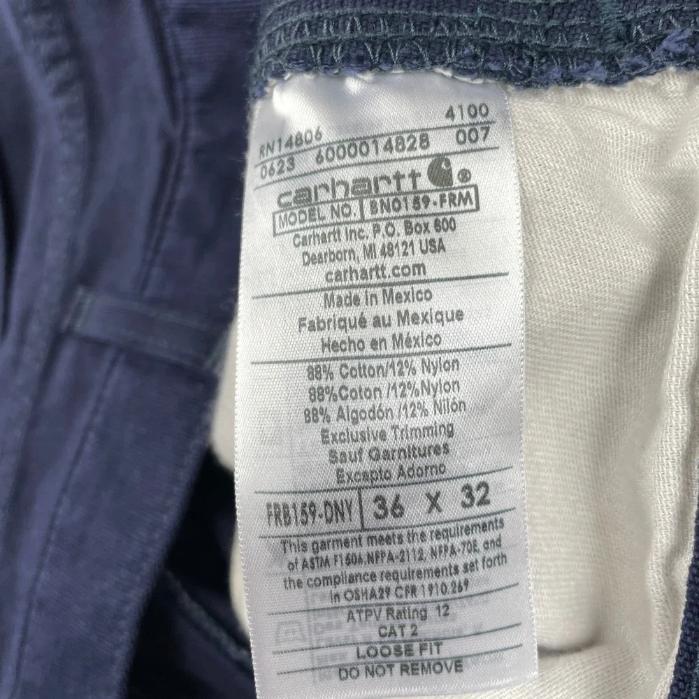 Carhartt Work Pant Mens 36x32 Navy FRB159-DNY Loose Fit Canvas Utility FR CAT 2